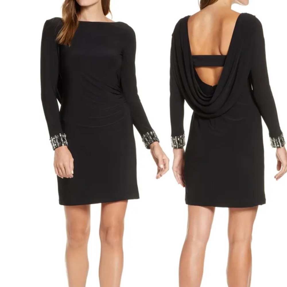 NWT Eliza J Crystal Cuff Drape Back Dress in Black